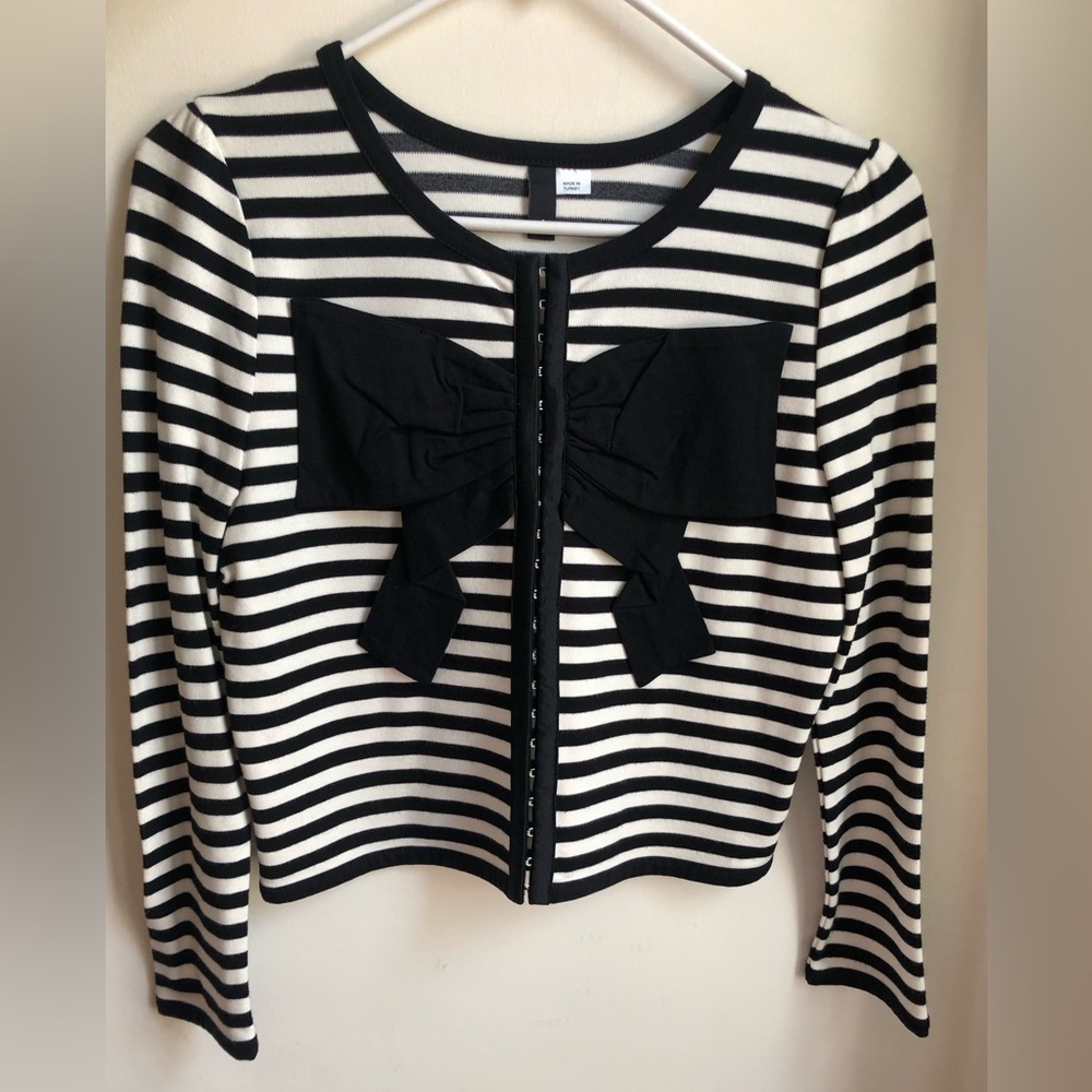 Striped Black and White Long Sleeve Top With Bow